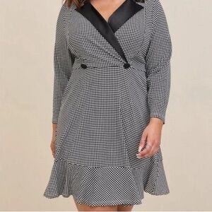Torrid Black & White Gingham Plaid Mini Stretch Satin Tuxedo Dress